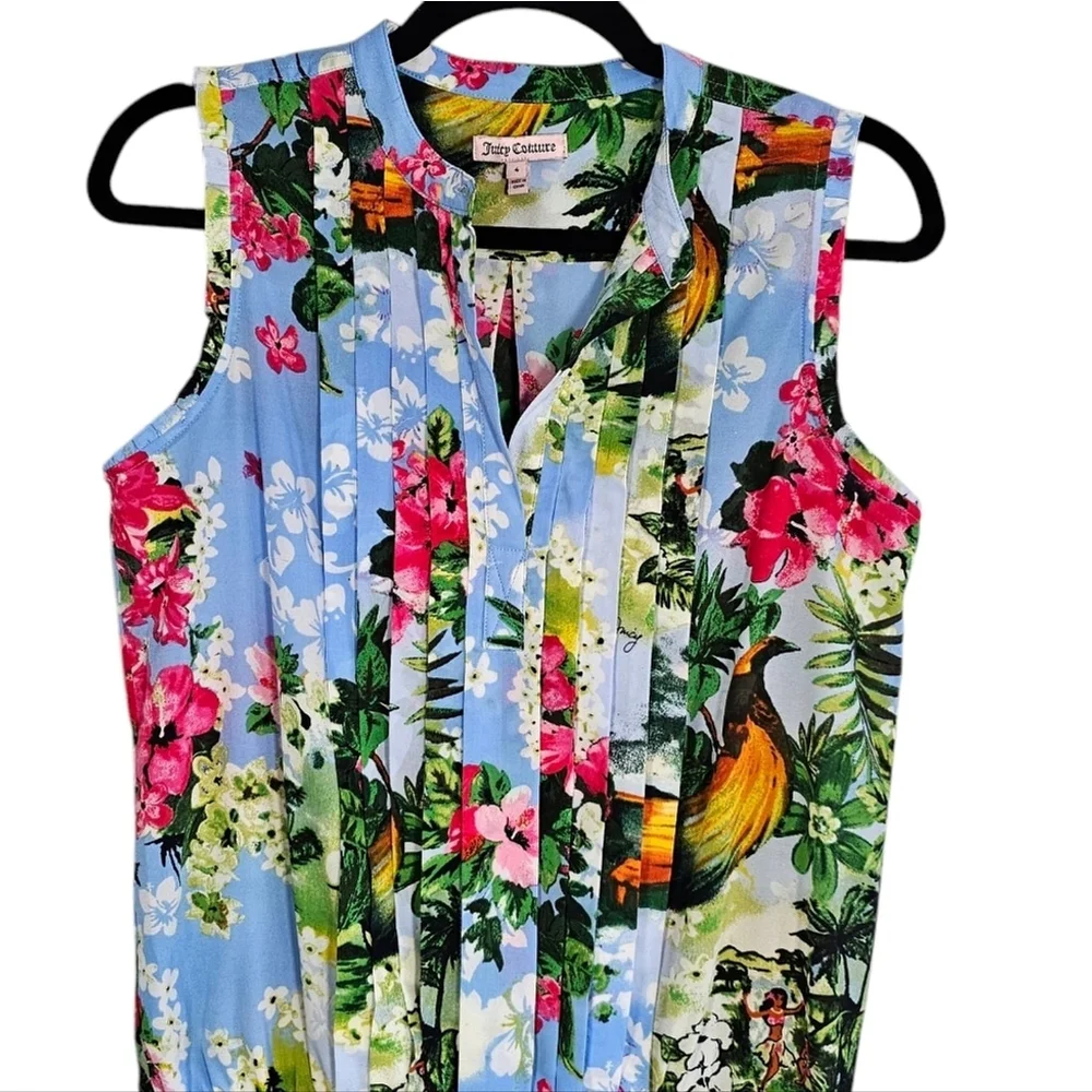 Juicy Couture Paradise Blue Sleeveless Hawaiian Floral Mini Dress Sz 4 - Picture 5 of 14